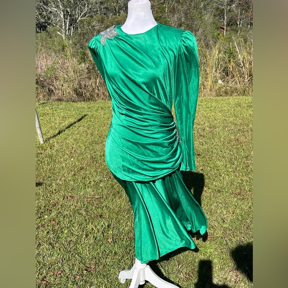 David Rose vintage green wrap-look zip closure long sleeve midi dress Size 8. - Picture 2 of 12